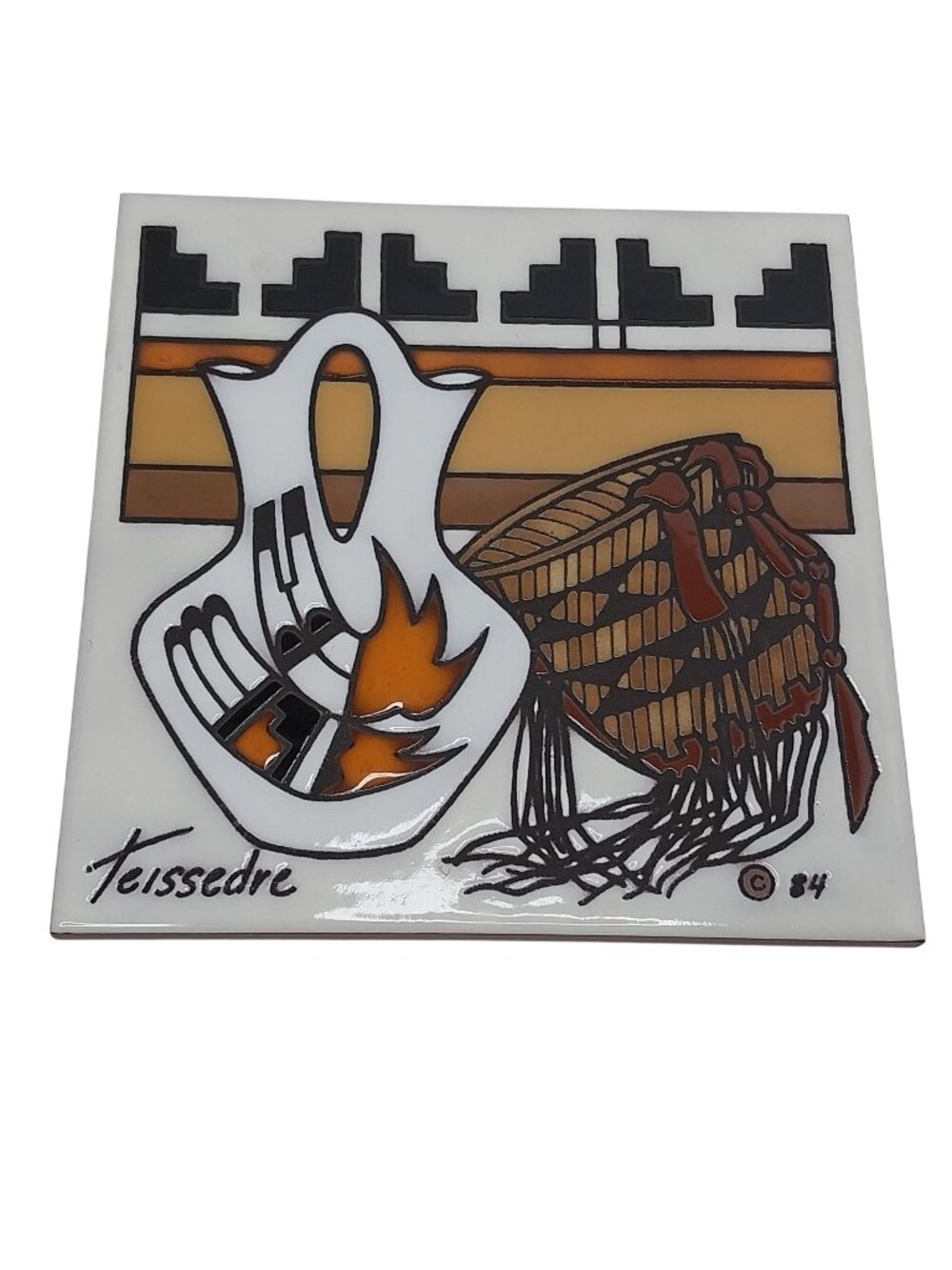 Cleo Teissedre Southwestern Native American Ceramic Tile Wedding Basket Trivet